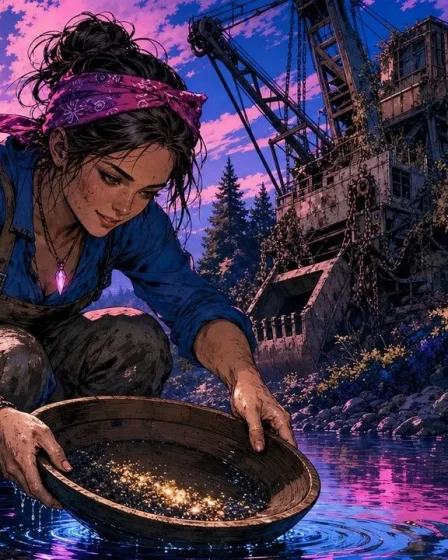 Citations IA illustrées par une prospectrice tamisant des paillettes devant une drague à l'arrêt