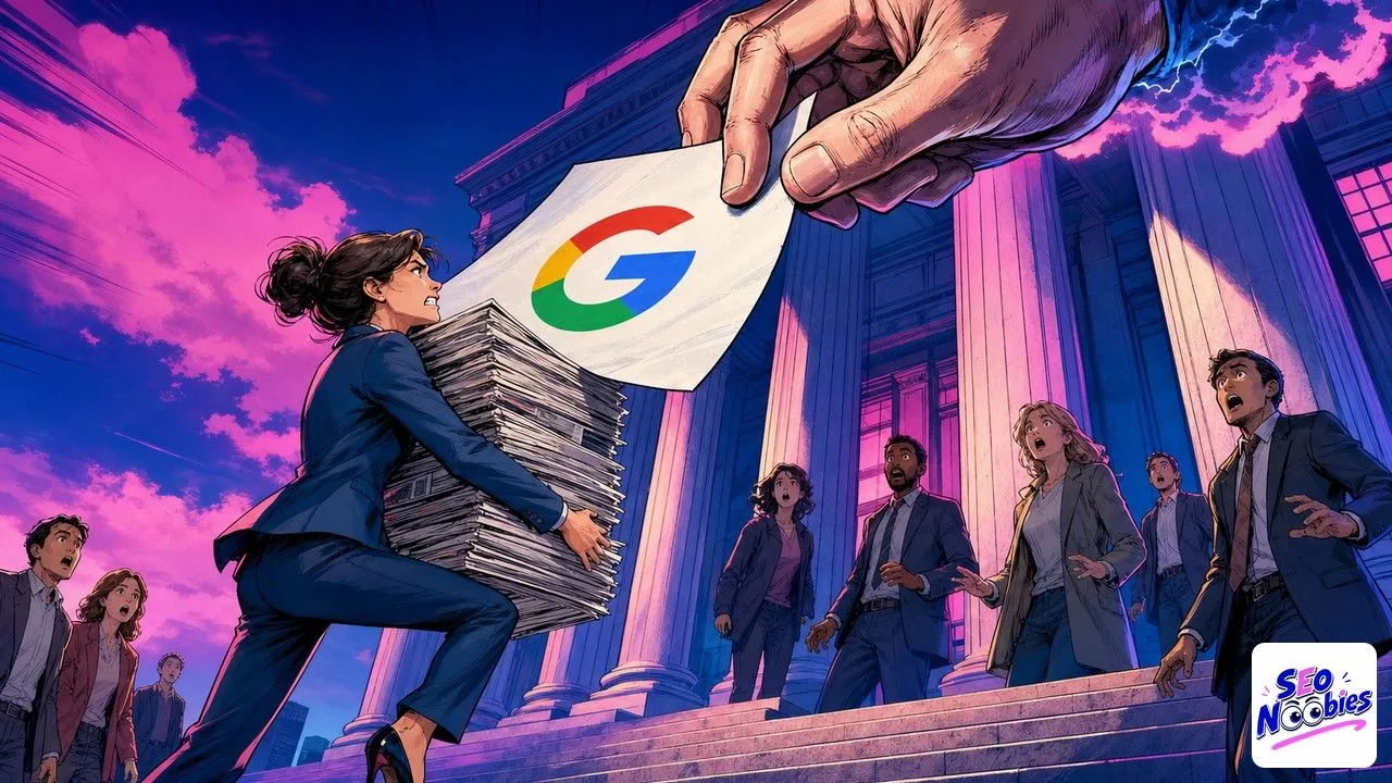 French publishers carrying newspapers on courthouse steps against a giant hand holding a Google sheet