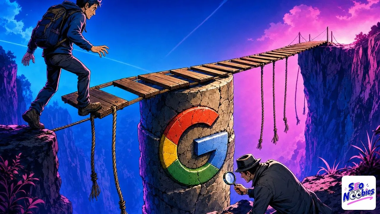 E-E-A-T pictured as a walkway resting on one stone pillar carved with the Google G
