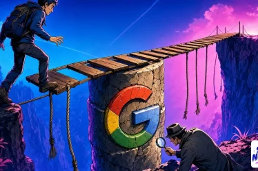 E-E-A-T illustre par une passerelle qui repose sur un seul pilier grave du G de Google