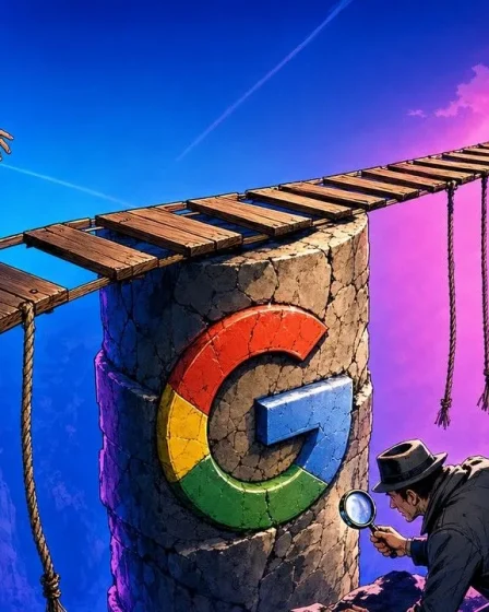 E-E-A-T illustre par une passerelle qui repose sur un seul pilier grave du G de Google