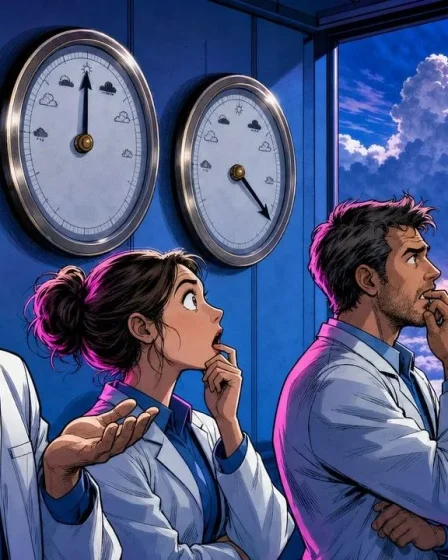 Mesurer le GEO illustré par trois météorologues face à trois baromètres aux aiguilles différentes