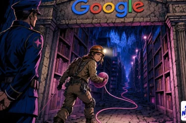 Sitemap XML illustré par une exploratrice déroulant un fil rose dans un labyrinthe de rayonnages