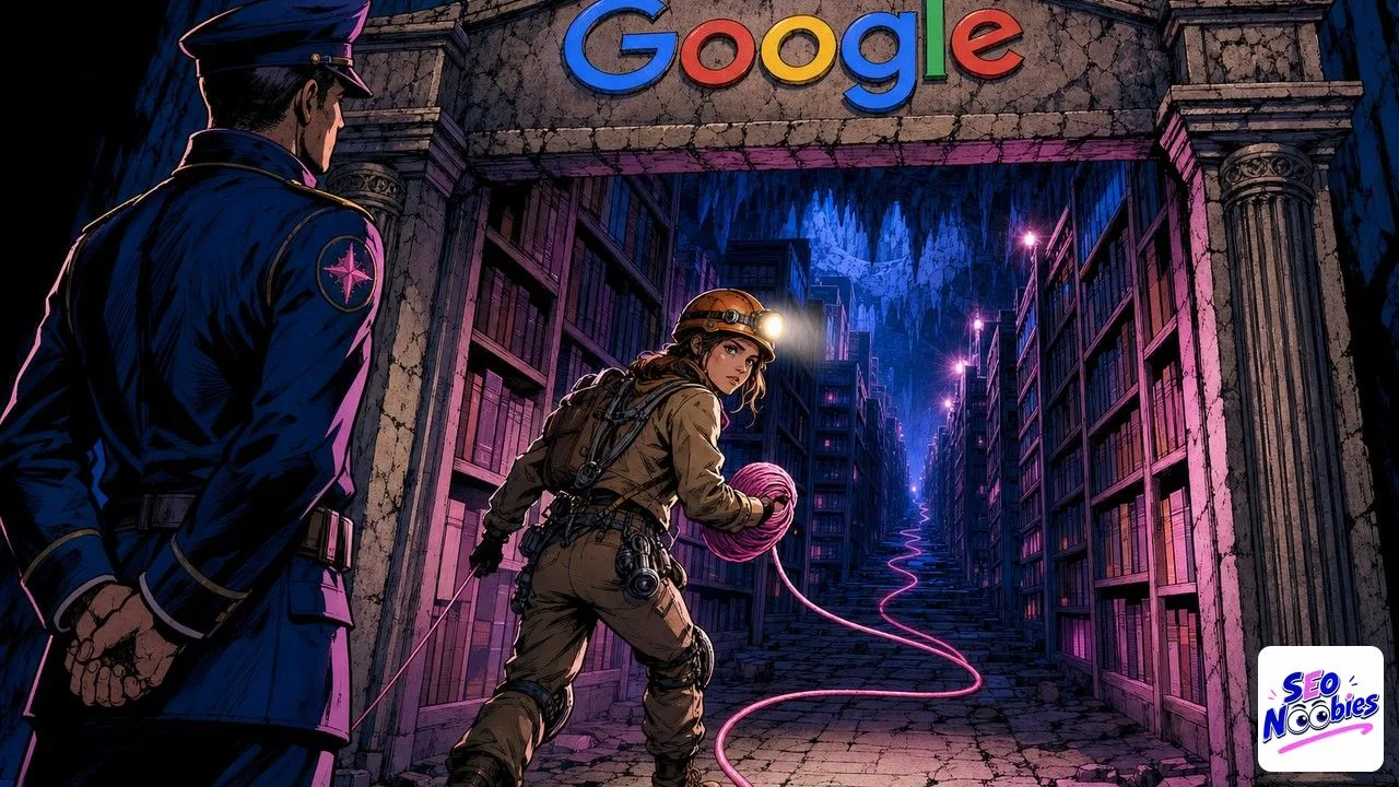 Sitemap XML illustré par une exploratrice déroulant un fil rose dans un labyrinthe de rayonnages