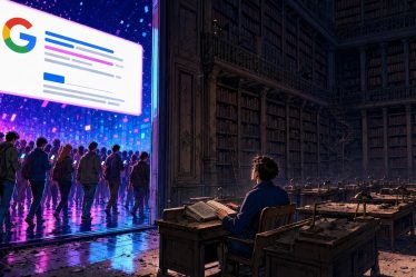 AI Overviews pictured as an encyclopedia whose visitors stop at an answer board outside