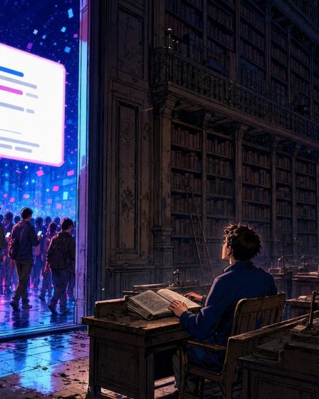 AI Overviews illustrés par une encyclopédie dont les visiteurs s'arrêtent devant un panneau de réponse