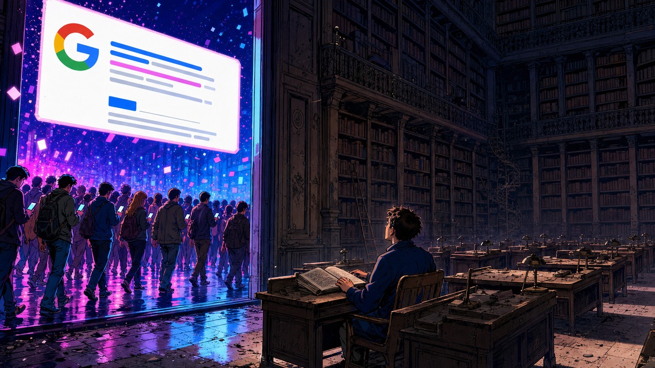 AI Overviews illustrés par une encyclopédie dont les visiteurs s'arrêtent devant un panneau de réponse