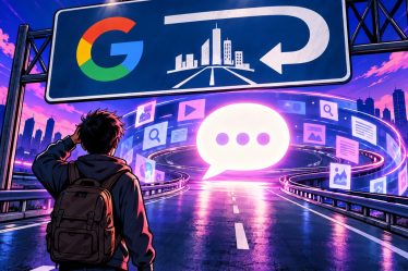 AI Overview links pictured as a road sign whose arrow loops back toward a speech bubble