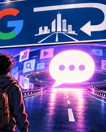 AI Overview links pictured as a road sign whose arrow loops back toward a speech bubble