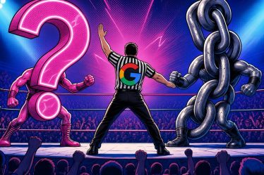 A wrestling duel between a question mark and a chain, standing for Google ranking factors