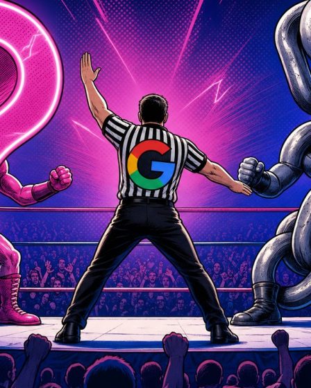 Un duel de catch entre un point d'interrogation et une chaîne, image des facteurs de classement SEO