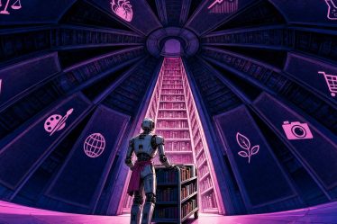 Une bibliothèque à douze couloirs illustrant les index spécialisés de ChatGPT, un seul éclairé