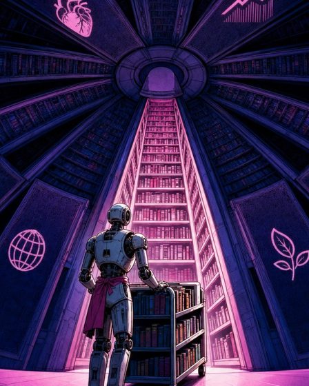 Une bibliothèque à douze couloirs illustrant les index spécialisés de ChatGPT, un seul éclairé