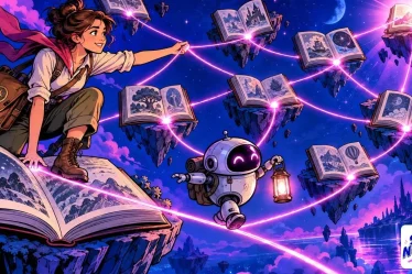 Internal links pictured as glowing pink threads tying floating books together, crossed by a small robot