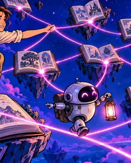 Liens internes illustrés par des fils roses qui relient des livres flottants, parcourus par un petit robot