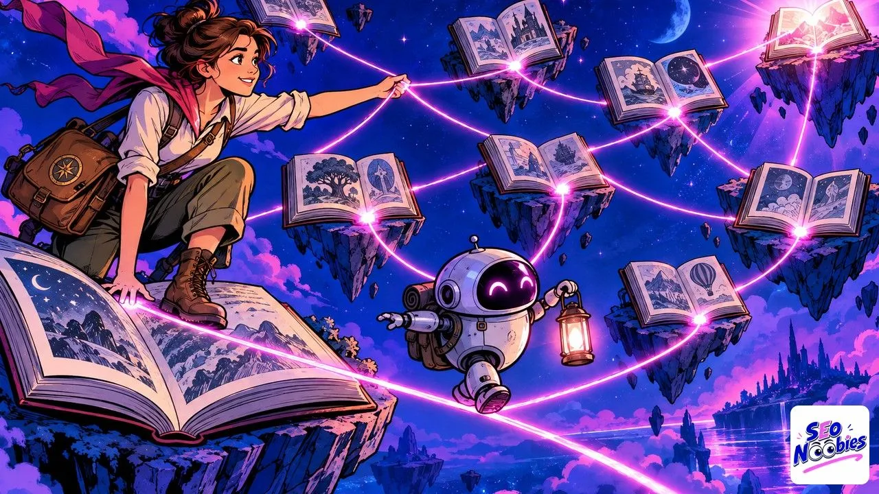 Liens internes illustrés par des fils roses qui relient des livres flottants, parcourus par un petit robot