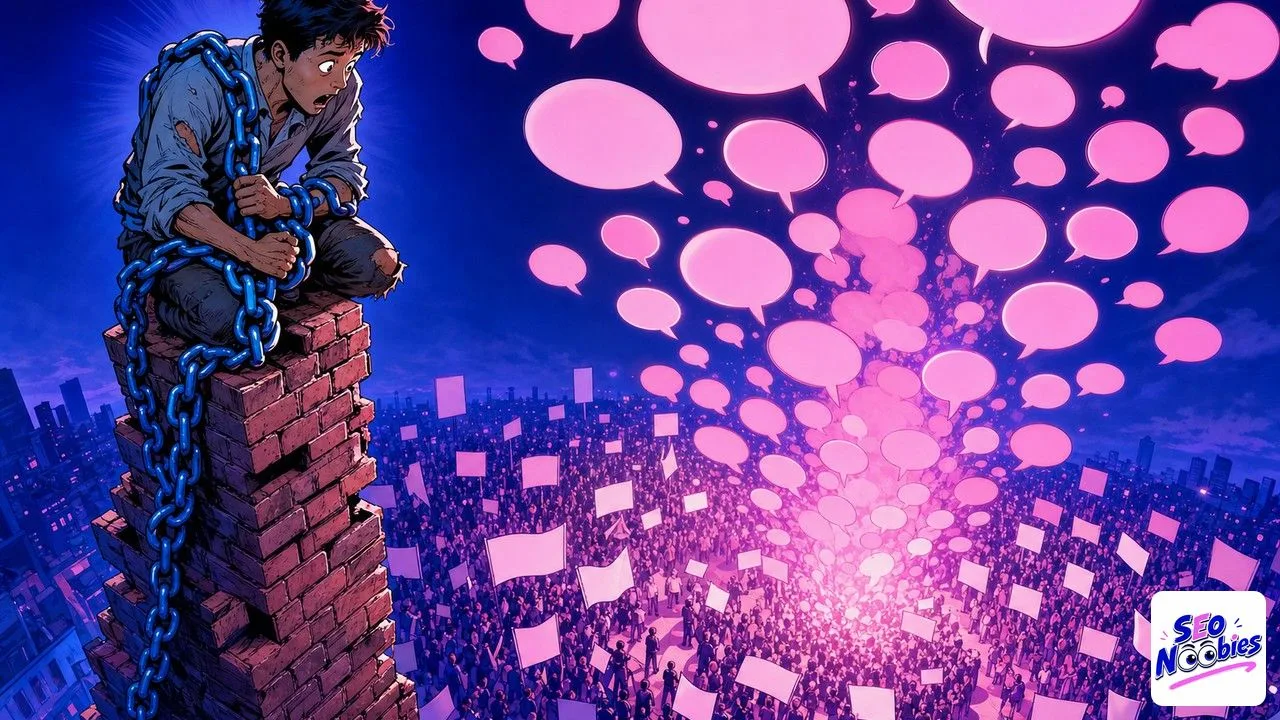 Brand mentions pictured as a talking crowd rising above a lone builder holding chains