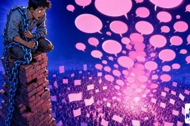 Mentions de marque illustrées par une foule qui parle au-dessus d'un bâtisseur isolé