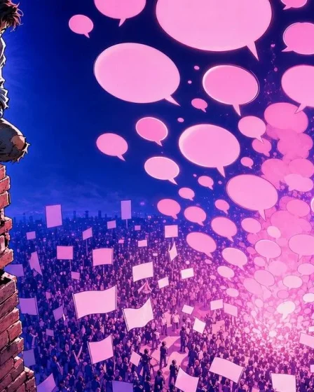 Mentions de marque illustrées par une foule qui parle au-dessus d'un bâtisseur isolé