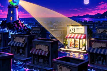 Google AI Mode: a lighthouse in Google colours lighting one shopfront