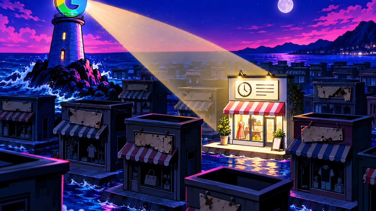 Google AI Mode: a lighthouse in Google colours lighting one shopfront
