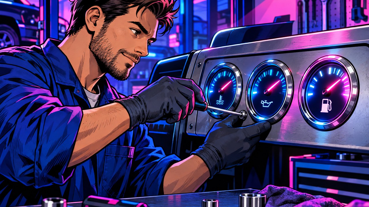 Rank Math AI pictured as a mechanic fitting a third gauge onto a workshop dashboard