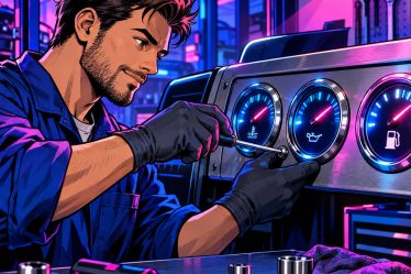 Rank Math AI illustré par un mécanicien vissant un troisième compteur sur un tableau de bord