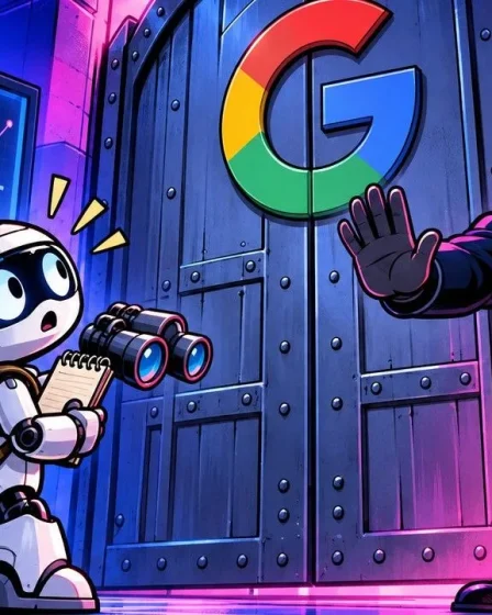 Rank tracking blocked: a small robot with binoculars stopped at a gate bearing the Google logo and a guard