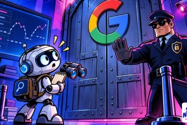 Suivi de positions bloqué : un robot aux jumelles arrêté devant un portail au logo Google gardé par un vigile