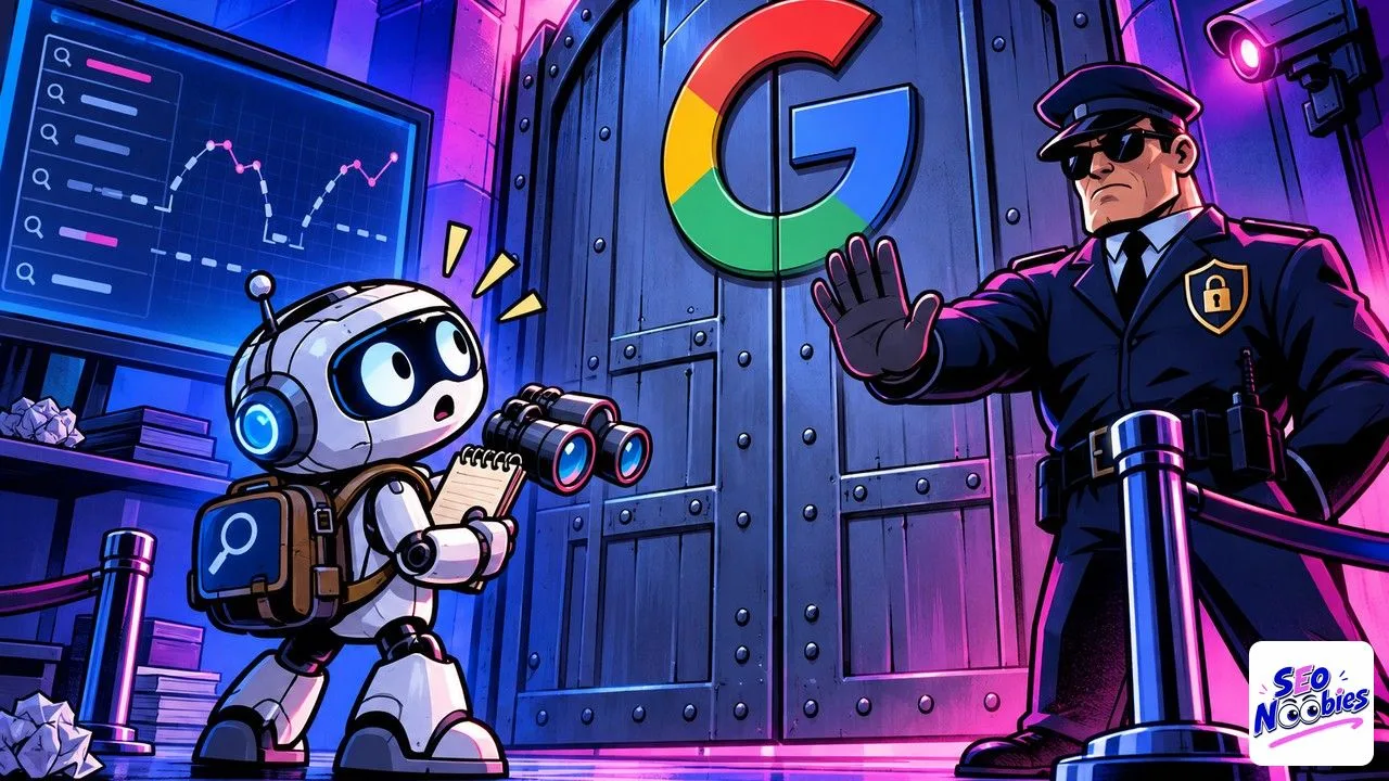 Suivi de positions bloqué : un robot aux jumelles arrêté devant un portail au logo Google gardé par un vigile