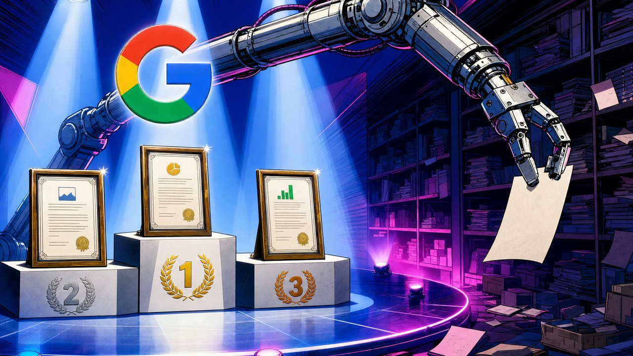 Citations IA illustrées par un podium Google vide pendant qu'un assistant pioche des sources ailleurs