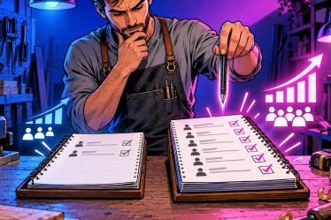 Demandes GEO illustrées par un artisan hésitant entre deux carnets de commandes ouverts