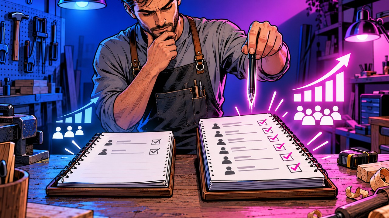 Demandes GEO illustrées par un artisan hésitant entre deux carnets de commandes ouverts