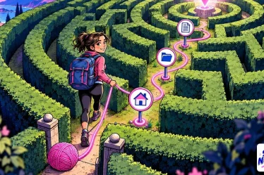 Fil d'Ariane rose déroulé par une randonneuse dans un labyrinthe, jalonné de trois pictogrammes