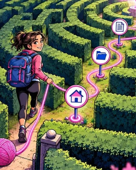 Fil d'Ariane rose déroulé par une randonneuse dans un labyrinthe, jalonné de trois pictogrammes