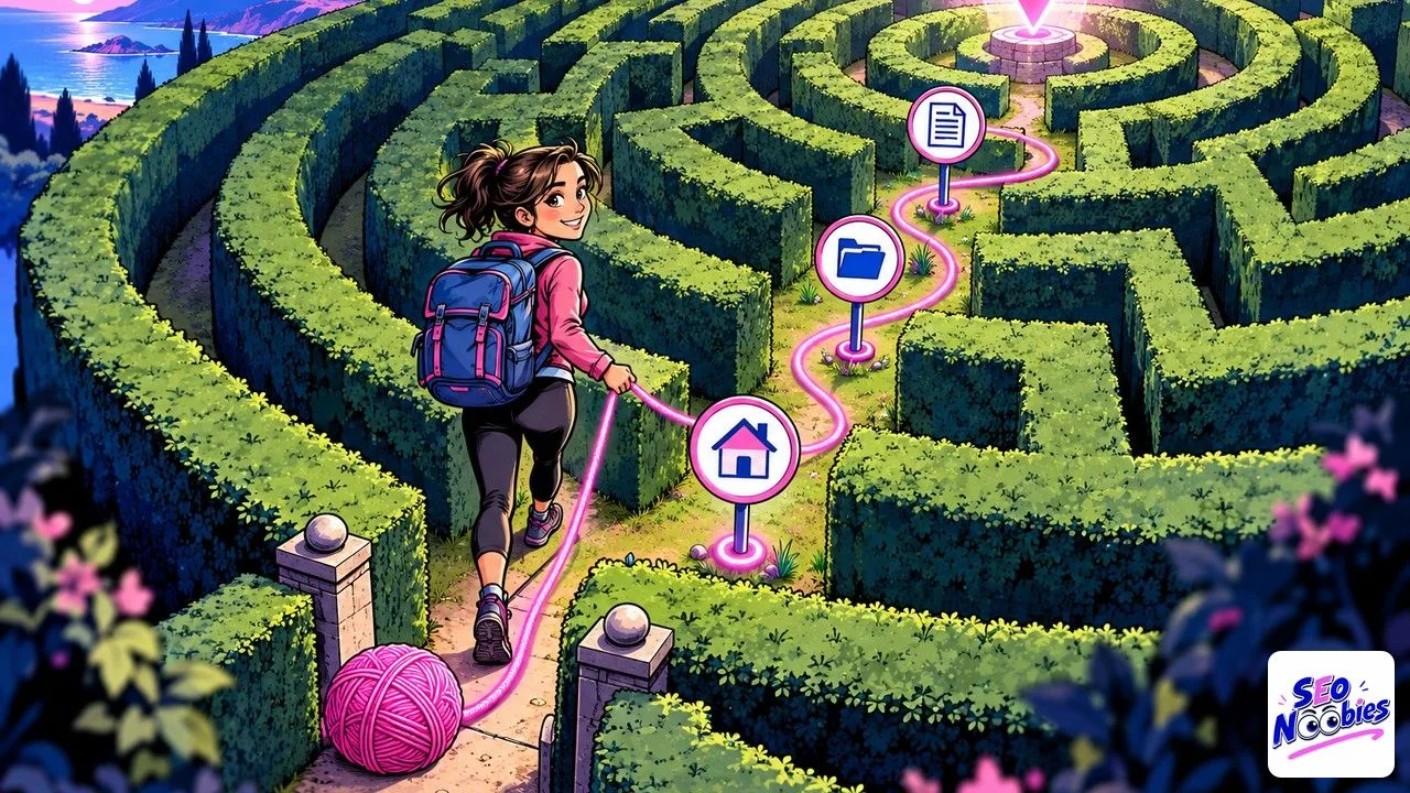 Fil d'Ariane rose déroulé par une randonneuse dans un labyrinthe, jalonné de trois pictogrammes
