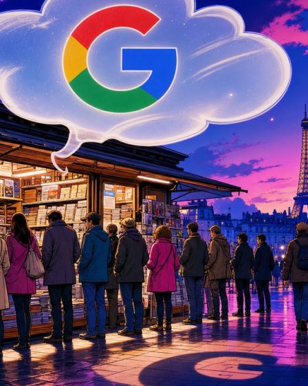A newsstand under a Google answer bubble, standing for the AI Overviews debate
