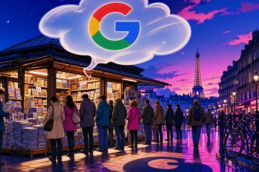 Un kiosque à journaux sous une bulle de réponse Google, image du débat sur les AI Overviews