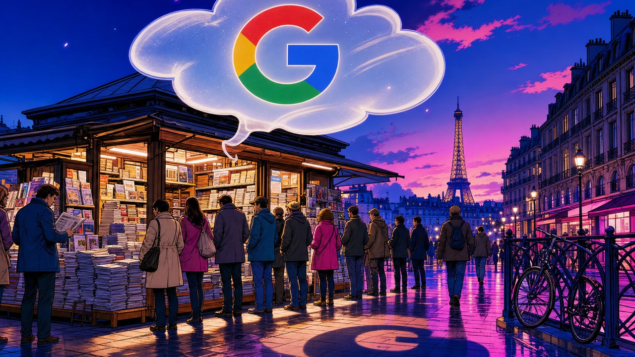 Un kiosque à journaux sous une bulle de réponse Google, image du débat sur les AI Overviews