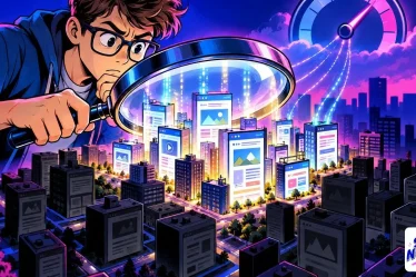 NicheObserver illustré par un blogueur à la loupe au-dessus d'une ville de sites web éclairés