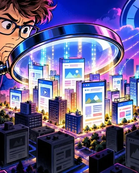 NicheObserver illustré par un blogueur à la loupe au-dessus d'une ville de sites web éclairés