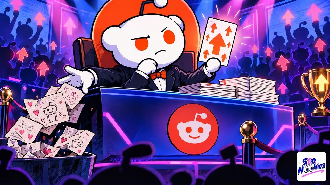 Reddit Answers shown as the Reddit mascot judging cards, keeping a highly upvoted one and dropping personal stories