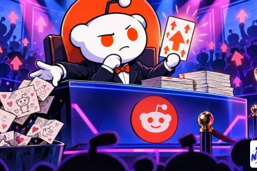 Reddit Answers représenté par la mascotte de Reddit en juge qui garde une carte très votée et écarte les témoignages