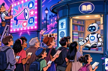 Annonces ChatGPT figurées par un panneau lumineux ignoré par une file tournée vers un robot qui répond