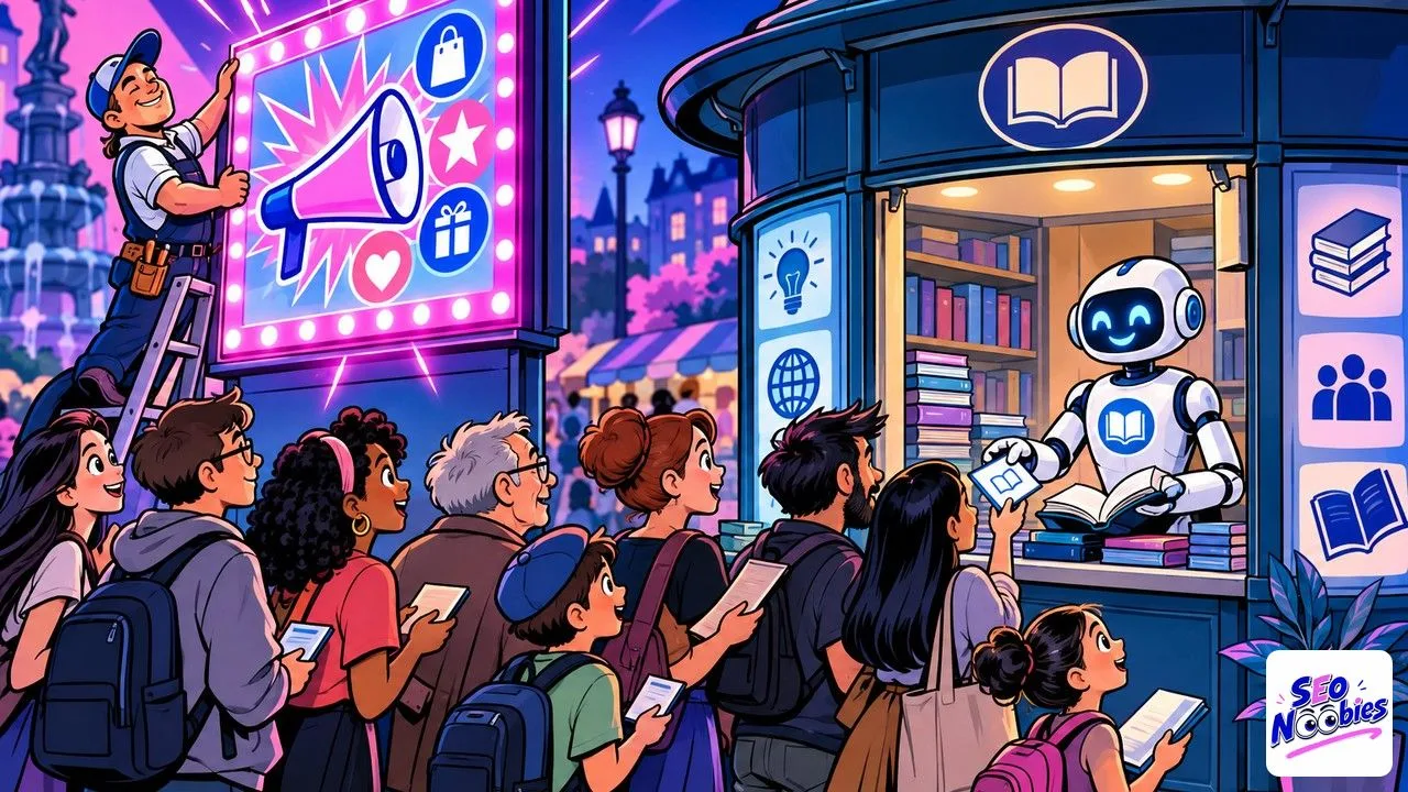 Annonces ChatGPT figurées par un panneau lumineux ignoré par une file tournée vers un robot qui répond