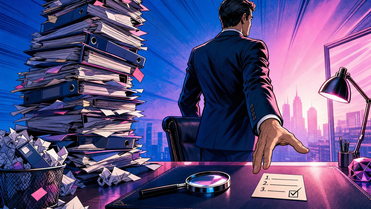 Audit SEO illustré par un rapport épais posé à côté d'une liste de trois actions classées