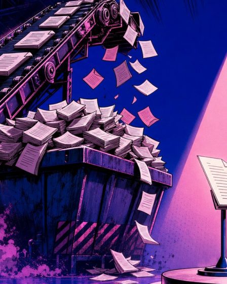 Fréquence de publication trop haute illustrée par une chaîne qui déverse des articles identiques dans une corbeille