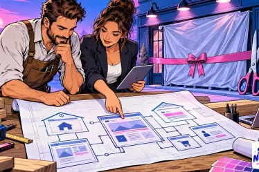 Nouveau site préparé par un artisan et une architecte penchés sur le plan des pages avant l'inauguration