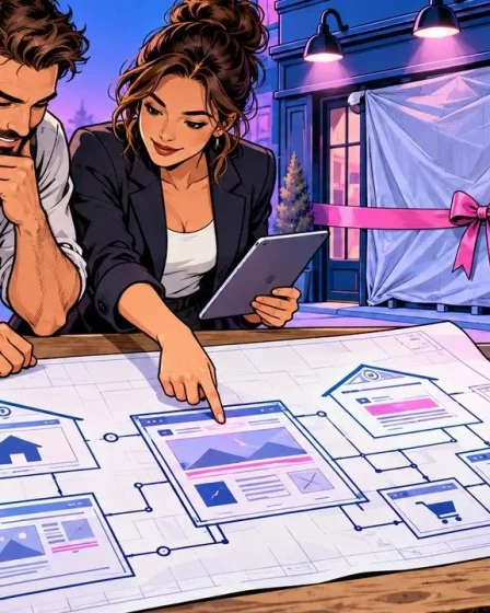 Nouveau site préparé par un artisan et une architecte penchés sur le plan des pages avant l'inauguration