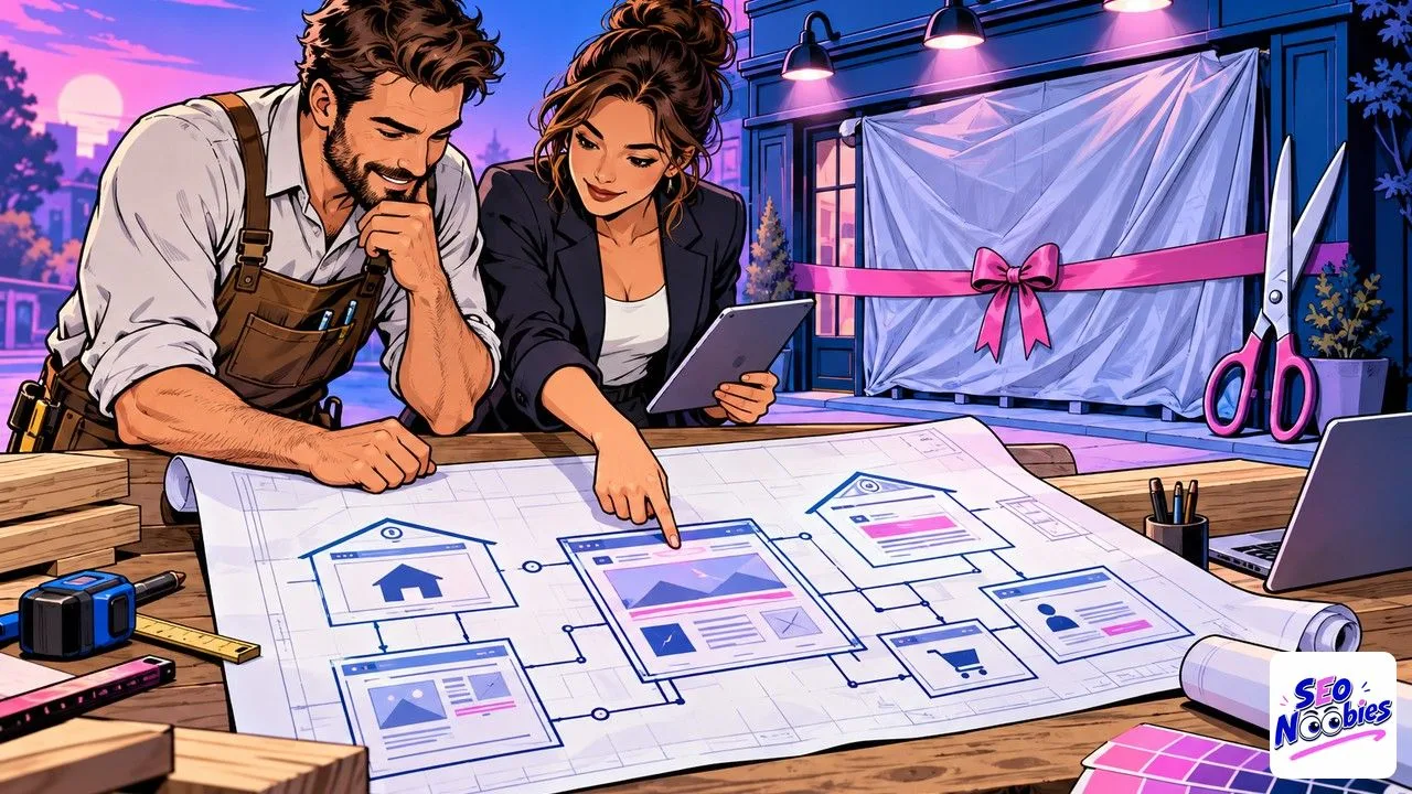 Nouveau site préparé par un artisan et une architecte penchés sur le plan des pages avant l'inauguration